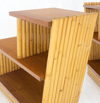 Pair of Restored 1950s Solid Mahogany & Bamboo Reed Step End Side Tables Stands