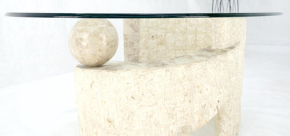 Oval Glass Top Polished Ball & Shoe Shape Tessellated Marble Base Coffee Table