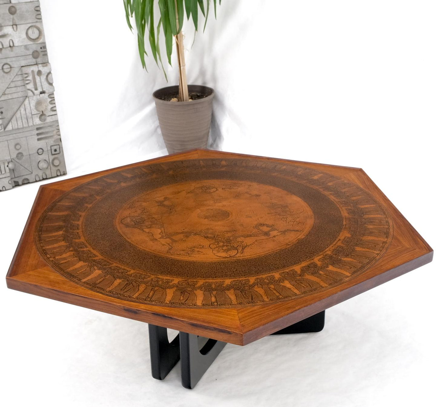 Large Hexagon Walnut & Egyptian Motif Copper Minting Top Coffee Table Ebonized