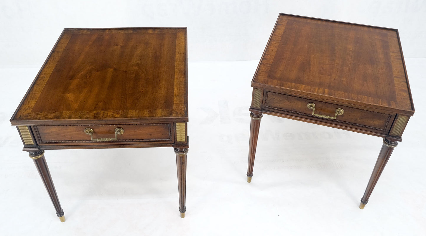 Pair Banded Top Fluted Tapered Legs One Drawer Low Profile End Tables Stands