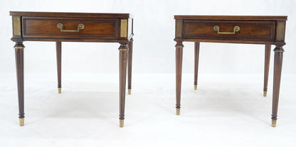 Pair Banded Top Fluted Tapered Legs One Drawer Low Profile End Tables Stands