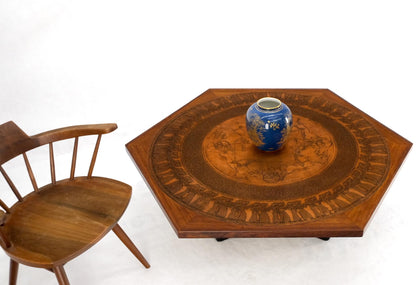 Large Hexagon Walnut & Egyptian Motif Copper Minting Top Coffee Table Ebonized