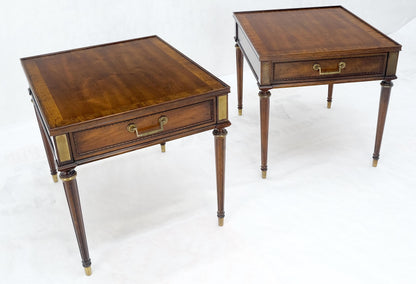 Pair Banded Top Fluted Tapered Legs One Drawer Low Profile End Tables Stands