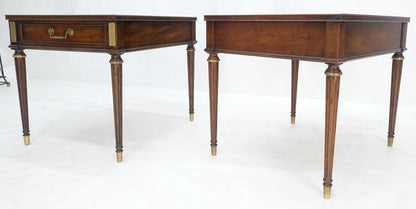 Pair Banded Top Fluted Tapered Legs One Drawer Low Profile End Tables Stands