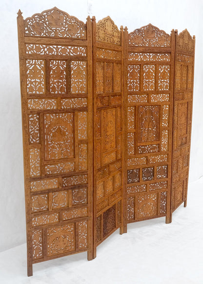 Fine Asian Carved Teak 4 Panels Screen Room Divider Mint!