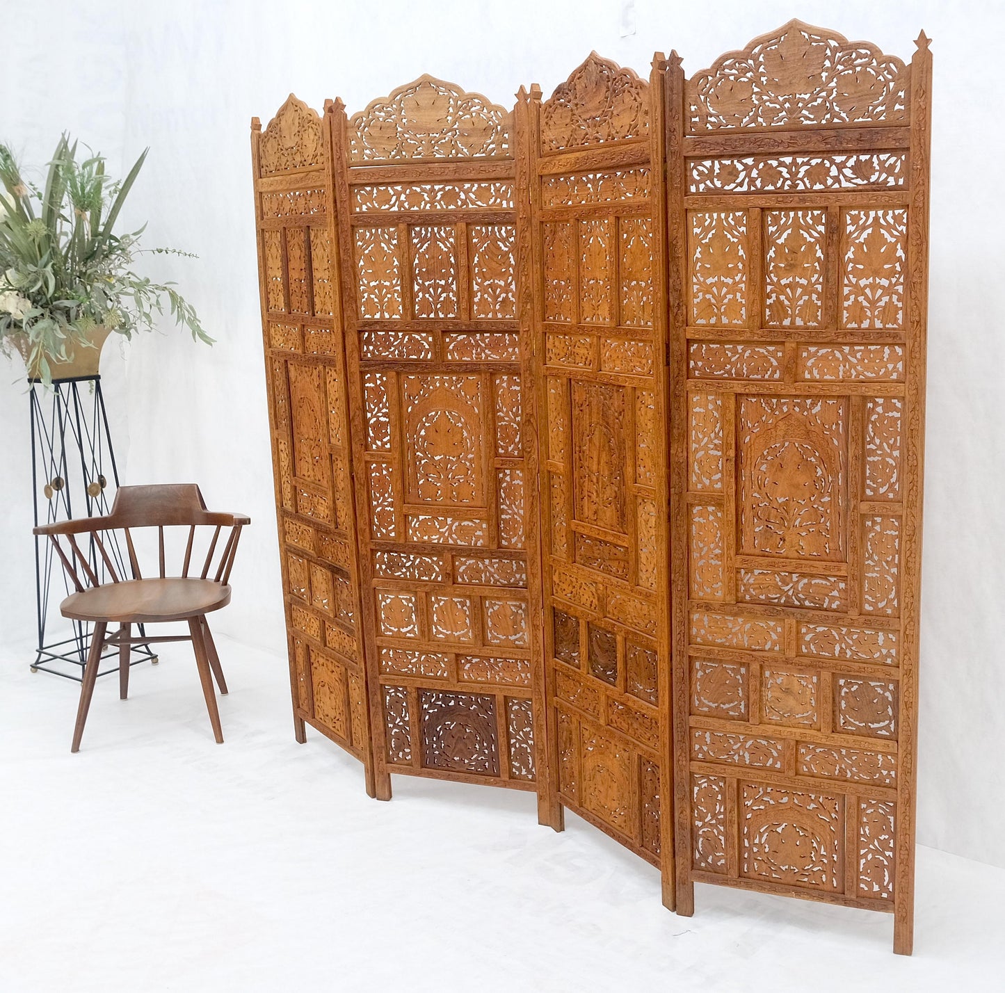 Fine Asian Carved Teak 4 Panels Screen Room Divider Mint!