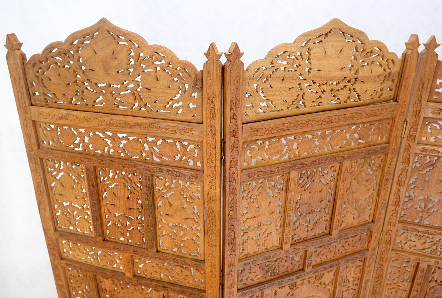 Fine Asian Carved Teak 4 Panels Screen Room Divider Mint!