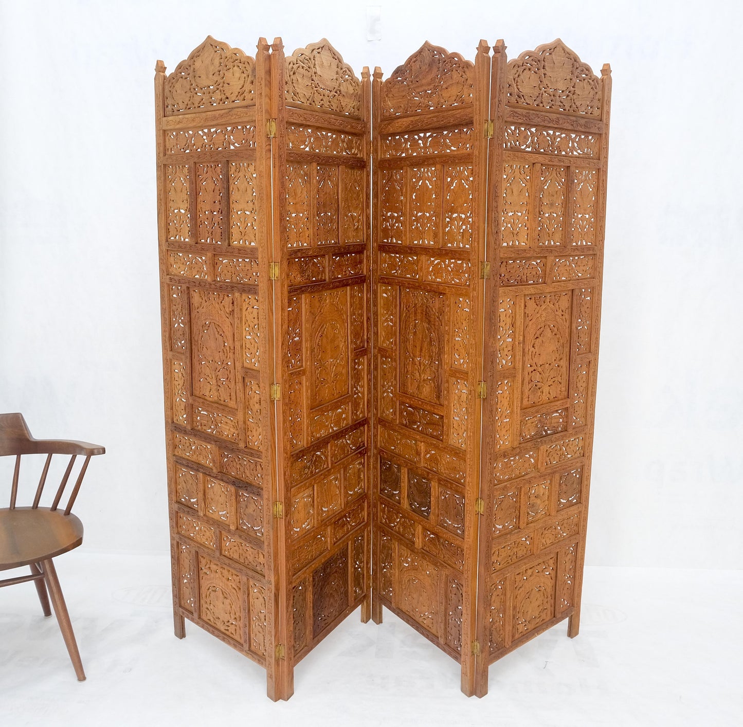 Fine Asian Carved Teak 4 Panels Screen Room Divider Mint!