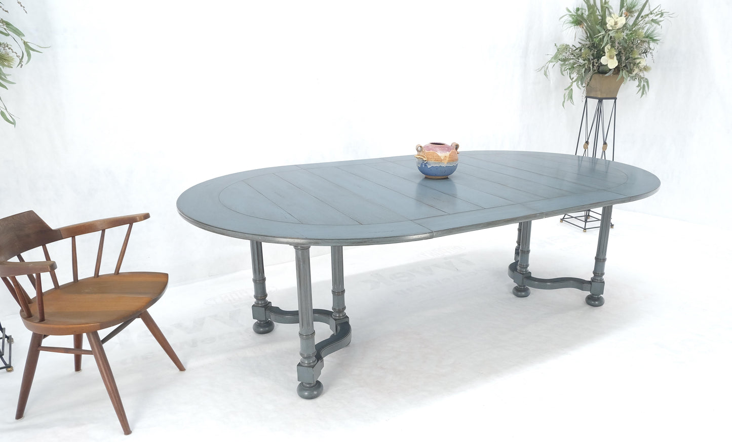 Baker Round Blue Grey Wash Milk Paint Style Finish Dining Table 2 Leaves MINT!