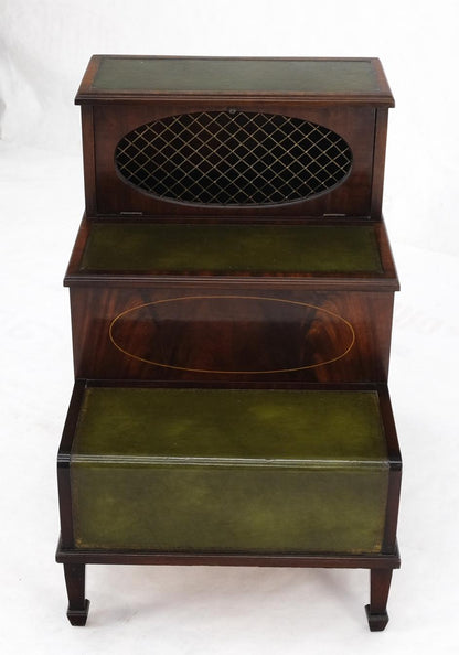 English Green Leather & Mahogany Step Side End Table Stand Cabinet Bookcase