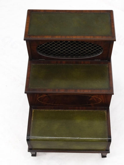 English Green Leather & Mahogany Step Side End Table Stand Cabinet Bookcase