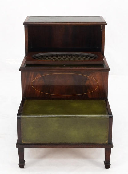 English Green Leather & Mahogany Step Side End Table Stand Cabinet Bookcase