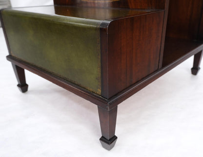 English Green Leather & Mahogany Step Side End Table Stand Cabinet Bookcase