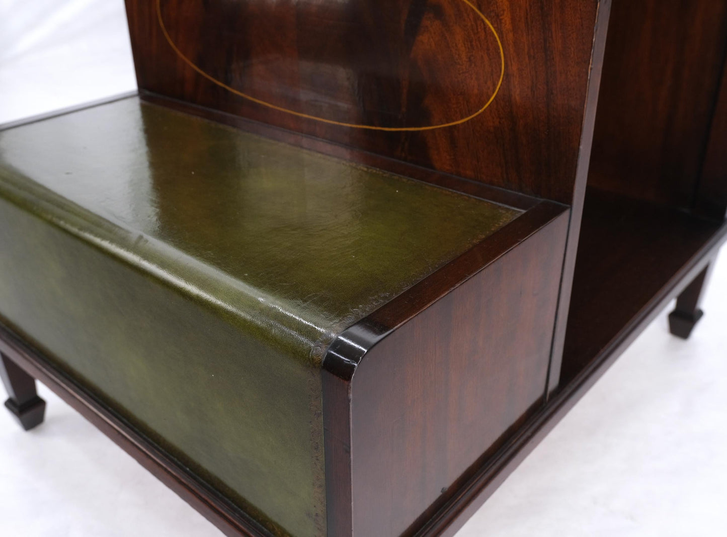 English Green Leather & Mahogany Step Side End Table Stand Cabinet Bookcase