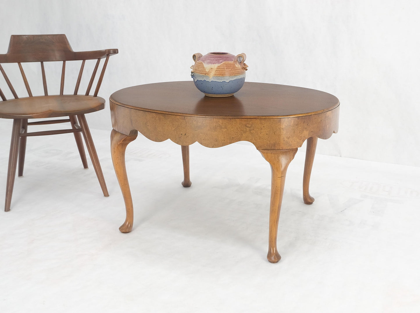 Baker Oval Walnut Top Burl Base Thick Queen Ann Leg Coffee Side Occasional Table