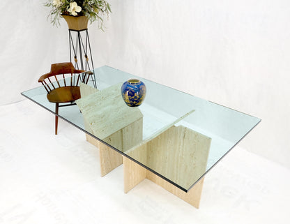 Large Double Travertine Pedestal Glass Top Dining Conference Table Mint!