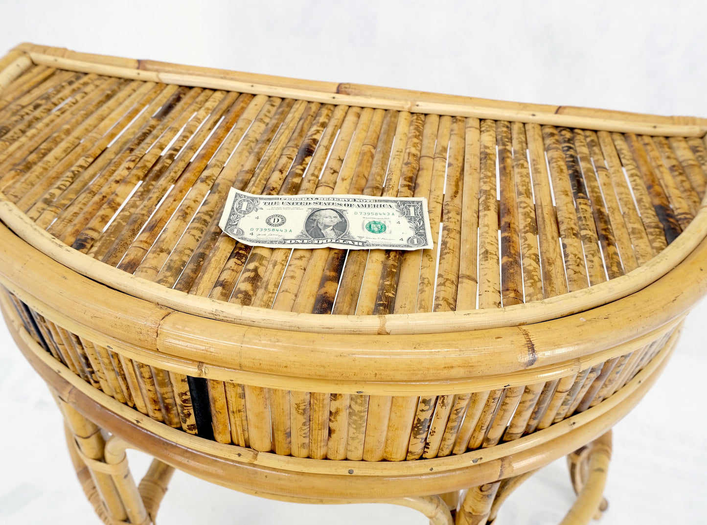 Vintage 1970s Bamboo Rattan Demilune Mid-Century Modern Console Sofa Table Mint