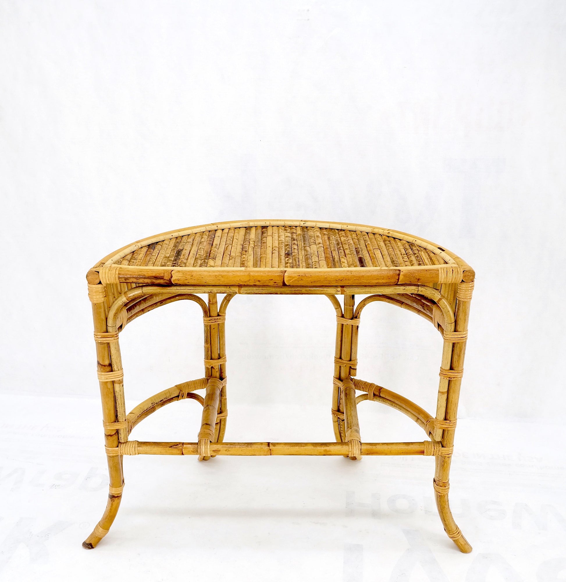 Vintage 1970s Bamboo Rattan Demilune Mid-Century Modern Console Sofa Table Mint