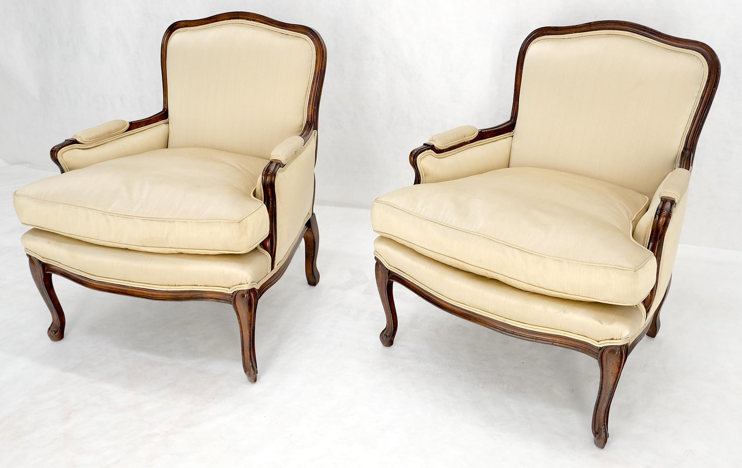 Pair Down Filled Cushions Silk Like Upholstery Carved Legs French Lounge Chairs