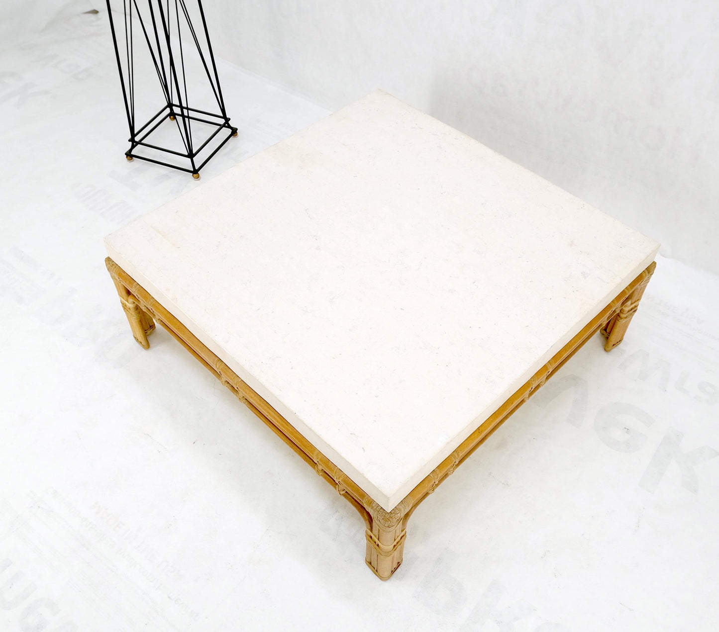 Bamboo Base Square White Lime Stone Top Mid-Century Modern Coffee Table Mint