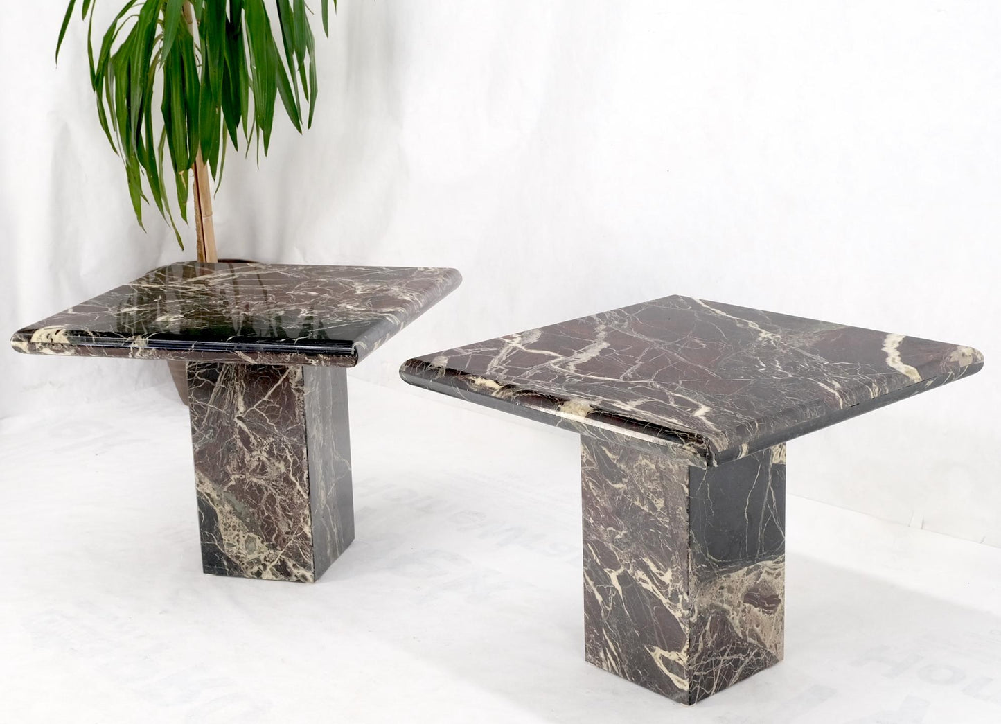 Pair of Square Black & Dark Red & White Veins Marble Side End Tables Stands Mint