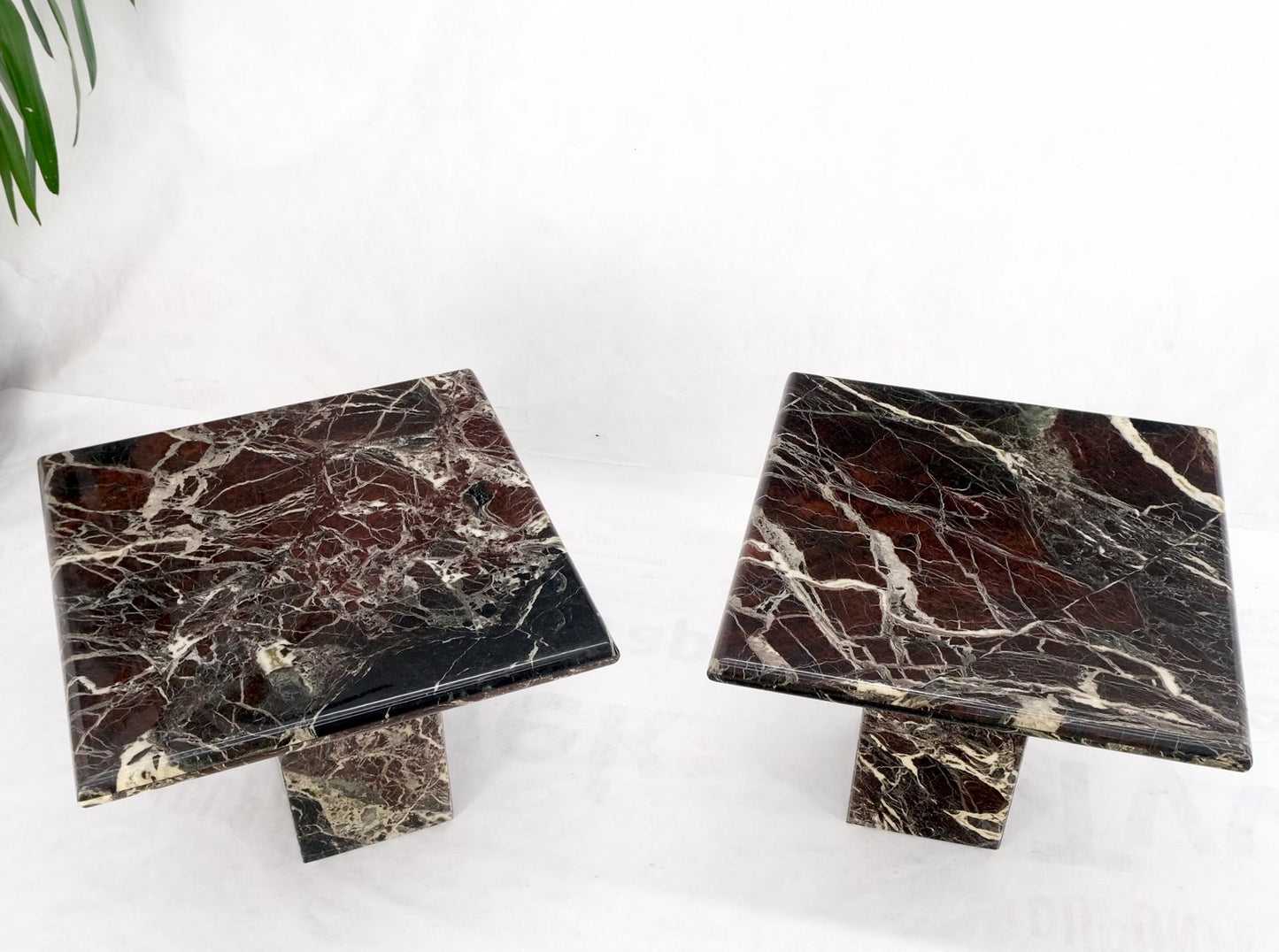 Pair of Square Black & Dark Red & White Veins Marble Side End Tables Stands Mint