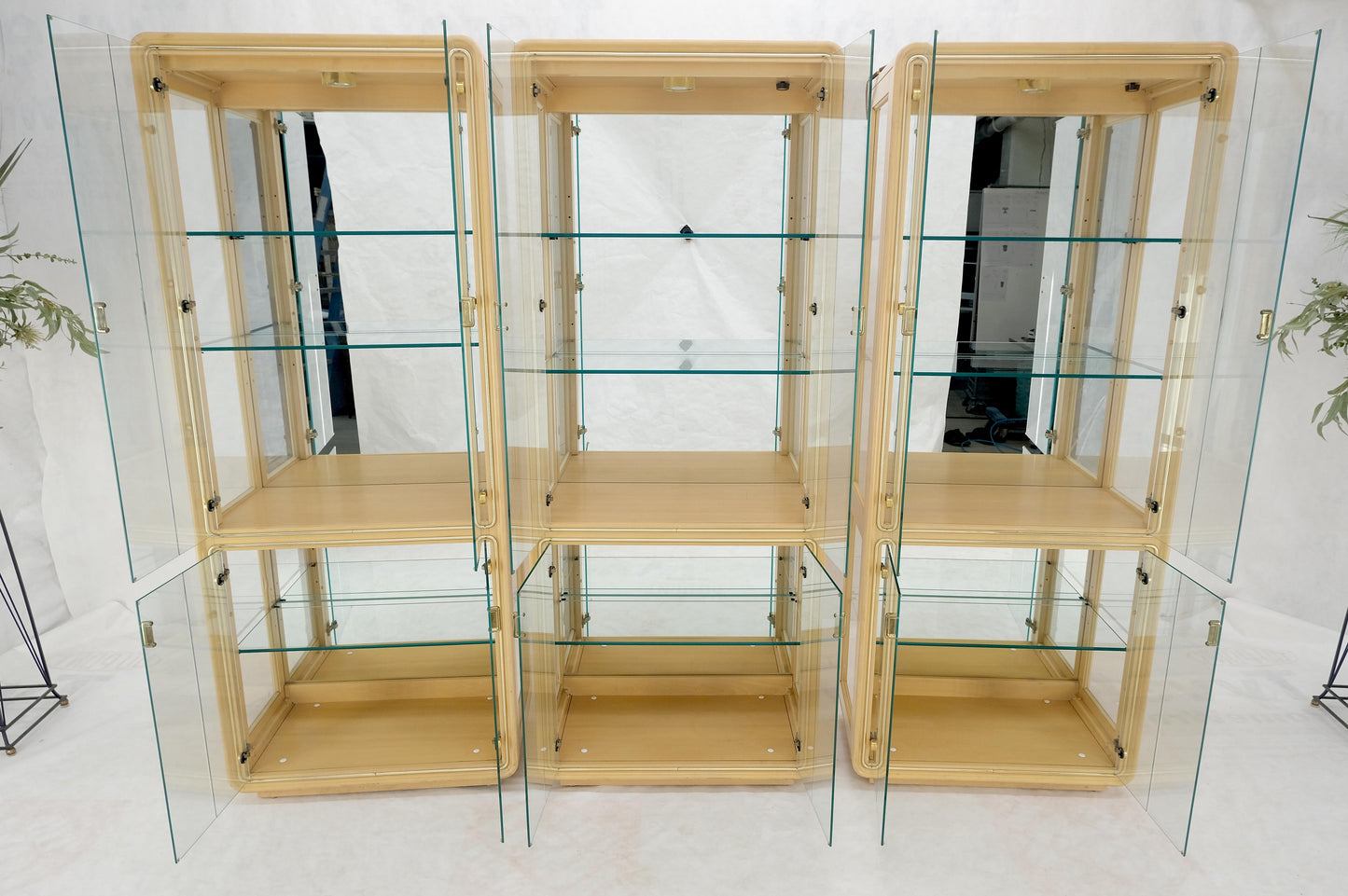 3 Blond Wood Glass Door Curio Cases Display Vitrine Cabinet Glass Shelves MINT!