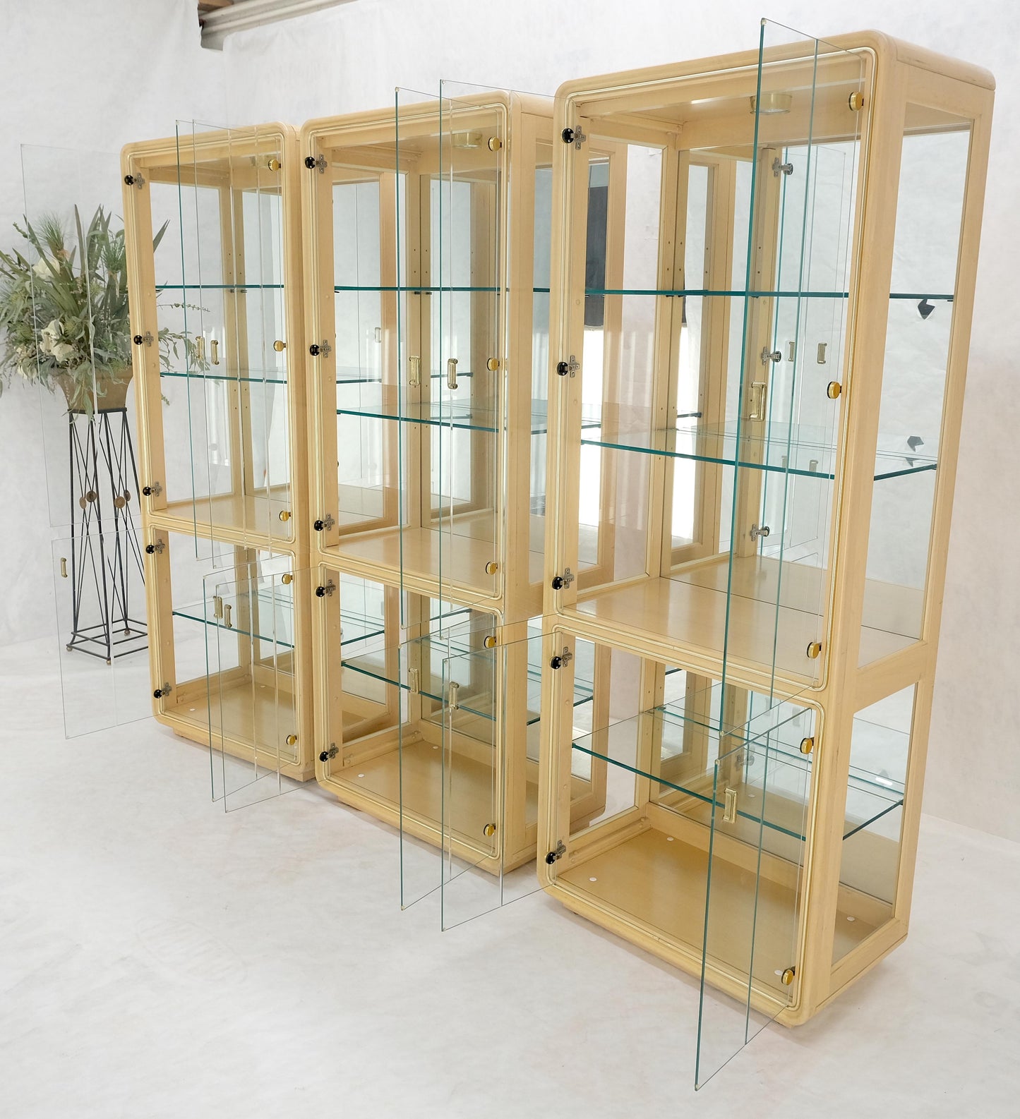 3 Blond Wood Glass Door Curio Cases Display Vitrine Cabinet Glass Shelves MINT!