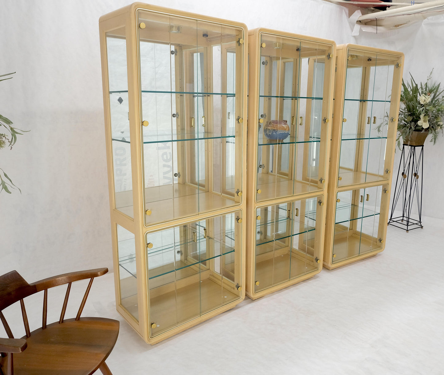 3 Blond Wood Glass Door Curio Cases Display Vitrine Cabinet Glass Shelves MINT!