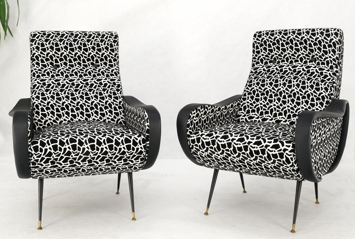 Pair Black & White Pattern Fabric Italian Mid Century Modern Lounge Chairs Mint