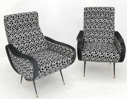 Pair Black & White Pattern Fabric Italian Mid Century Modern Lounge Chairs Mint