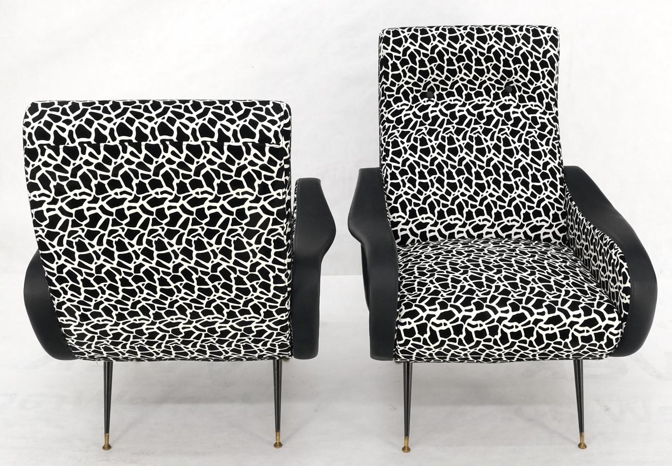 Pair Black & White Pattern Fabric Italian Mid Century Modern Lounge Chairs Mint