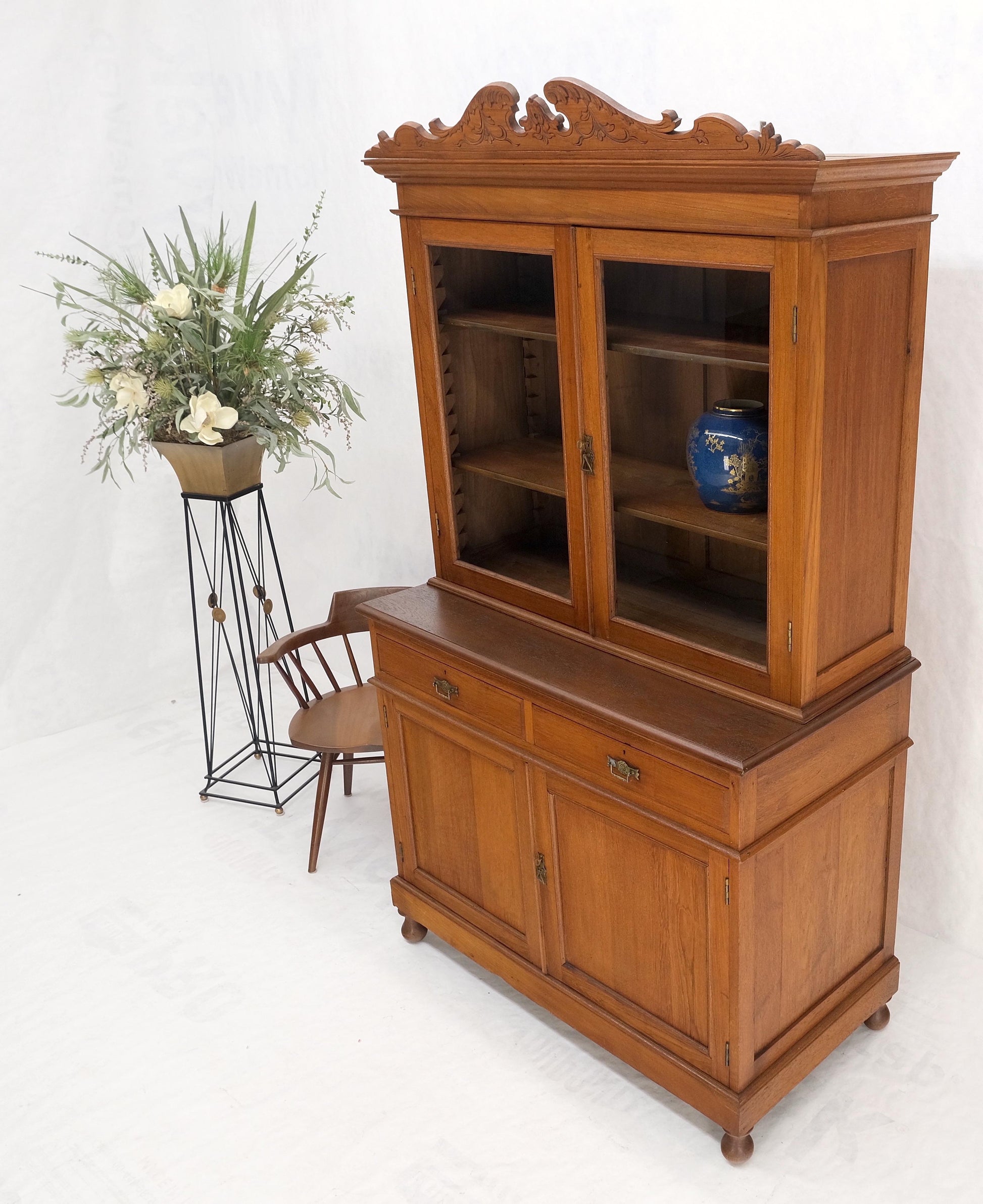 All Solid Teak Asian 1940s Carved Two Part Cupboard Hutch Breakfront Mint!