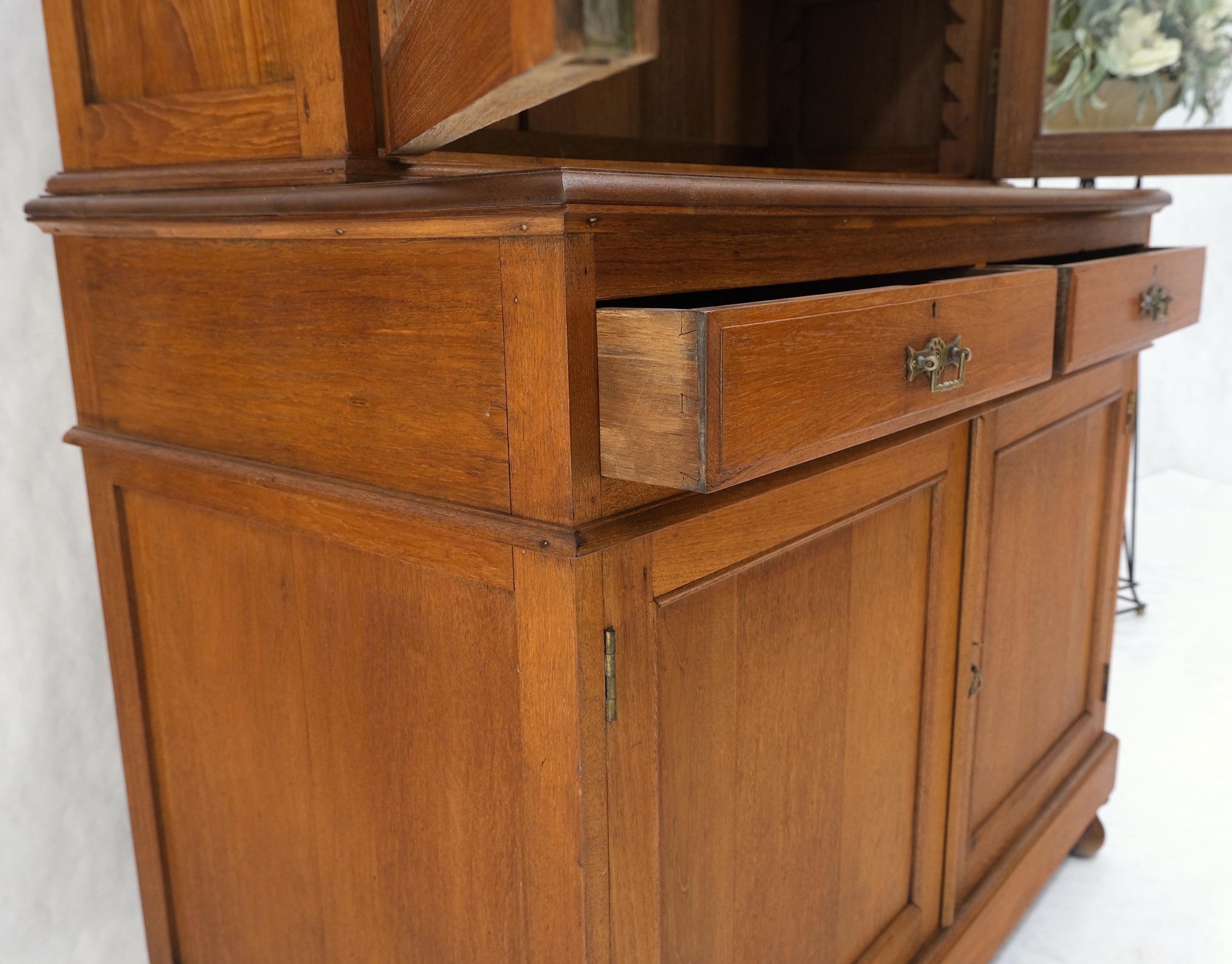 All Solid Teak Asian 1940s Carved Two Part Cupboard Hutch Breakfront Mint!