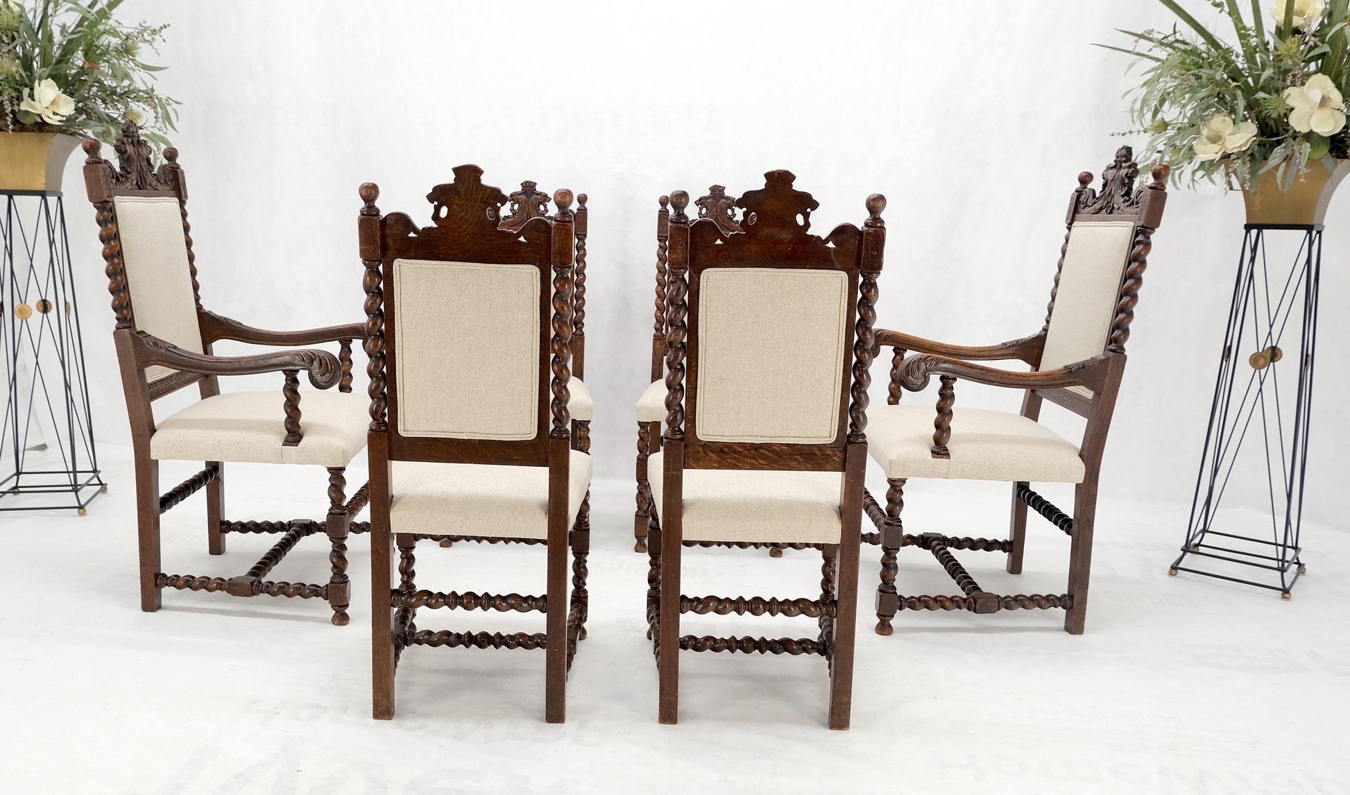 6 Fine Carved Oak Lion Heads Twisted Legs New Upholstery Jacobean Dining Chairs