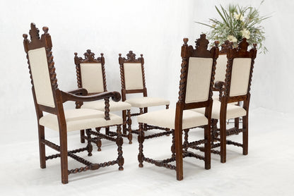 6 Fine Carved Oak Lion Heads Twisted Legs New Upholstery Jacobean Dining Chairs