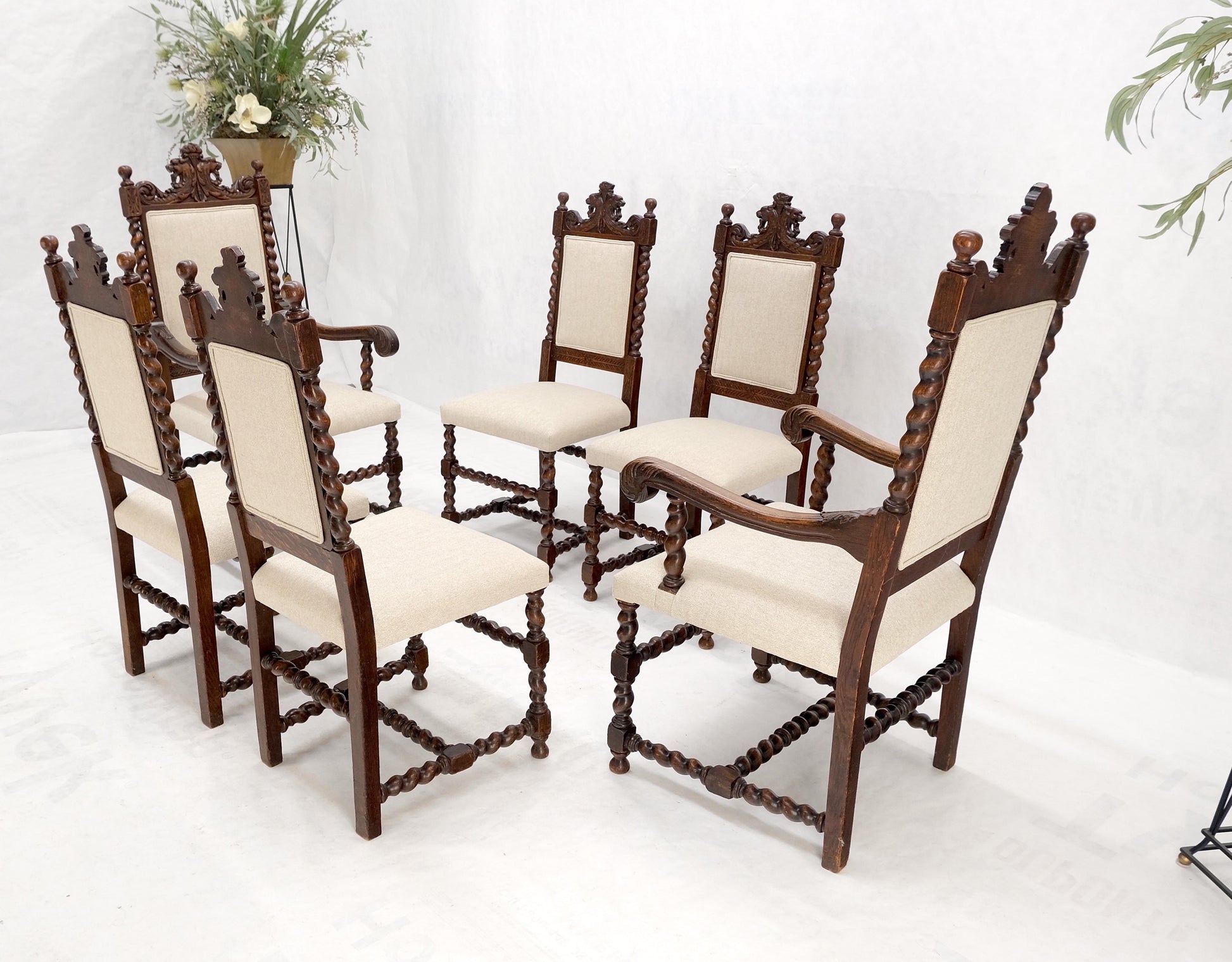 6 Fine Carved Oak Lion Heads Twisted Legs New Upholstery Jacobean Dining Chairs