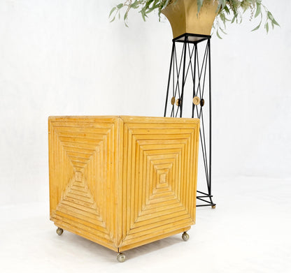 Mid-Century Modern Reed Bamboo Rattan Square Cube Shape Planter Stand on Wheels