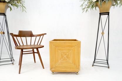 Mid-Century Modern Reed Bamboo Rattan Square Cube Shape Planter Stand on Wheels