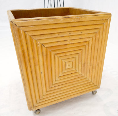 Mid-Century Modern Reed Bamboo Rattan Square Cube Shape Planter Stand on Wheels