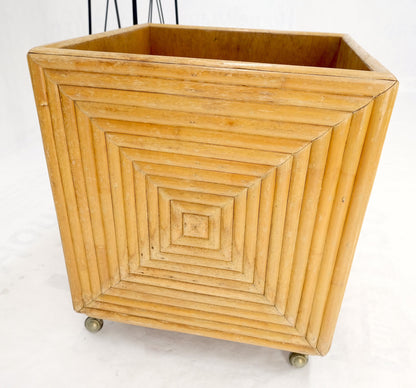 Mid-Century Modern Reed Bamboo Rattan Square Cube Shape Planter Stand on Wheels