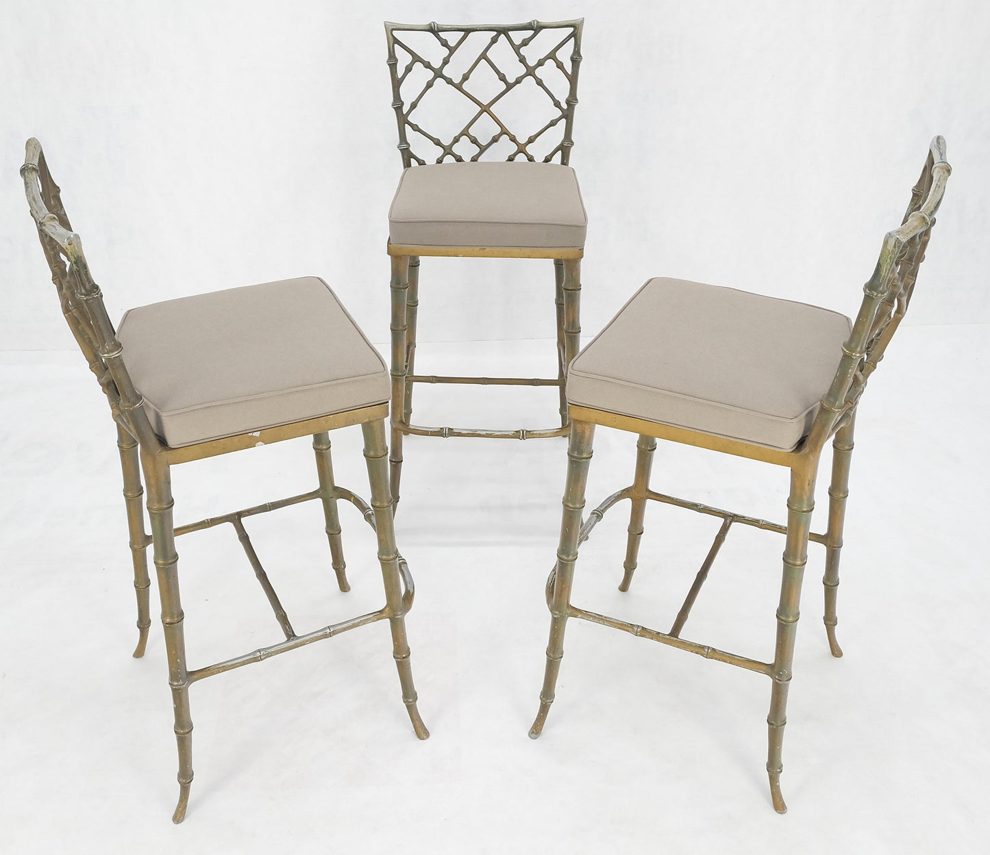 Cast Aluminum set of 3 Faux Bamboo Bar Stools New Alcantera Fabric Upholstery