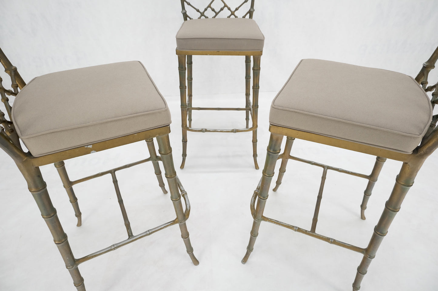 Cast Aluminum set of 3 Faux Bamboo Bar Stools New Alcantera Fabric Upholstery