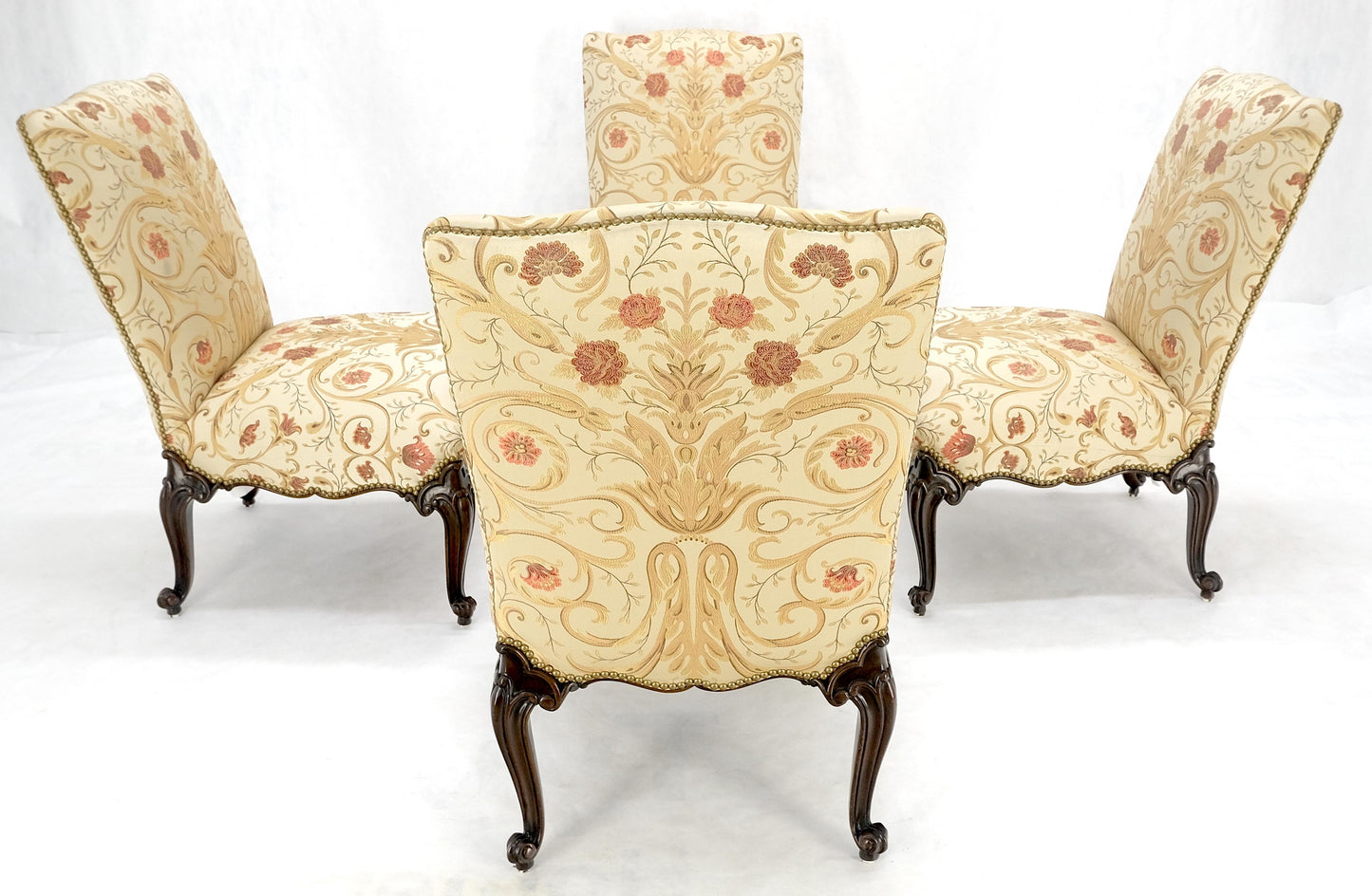 Set 4 Floral Gold & Red Upholstery Fine Carved Legs Slipper Lounge Chairs MINT!