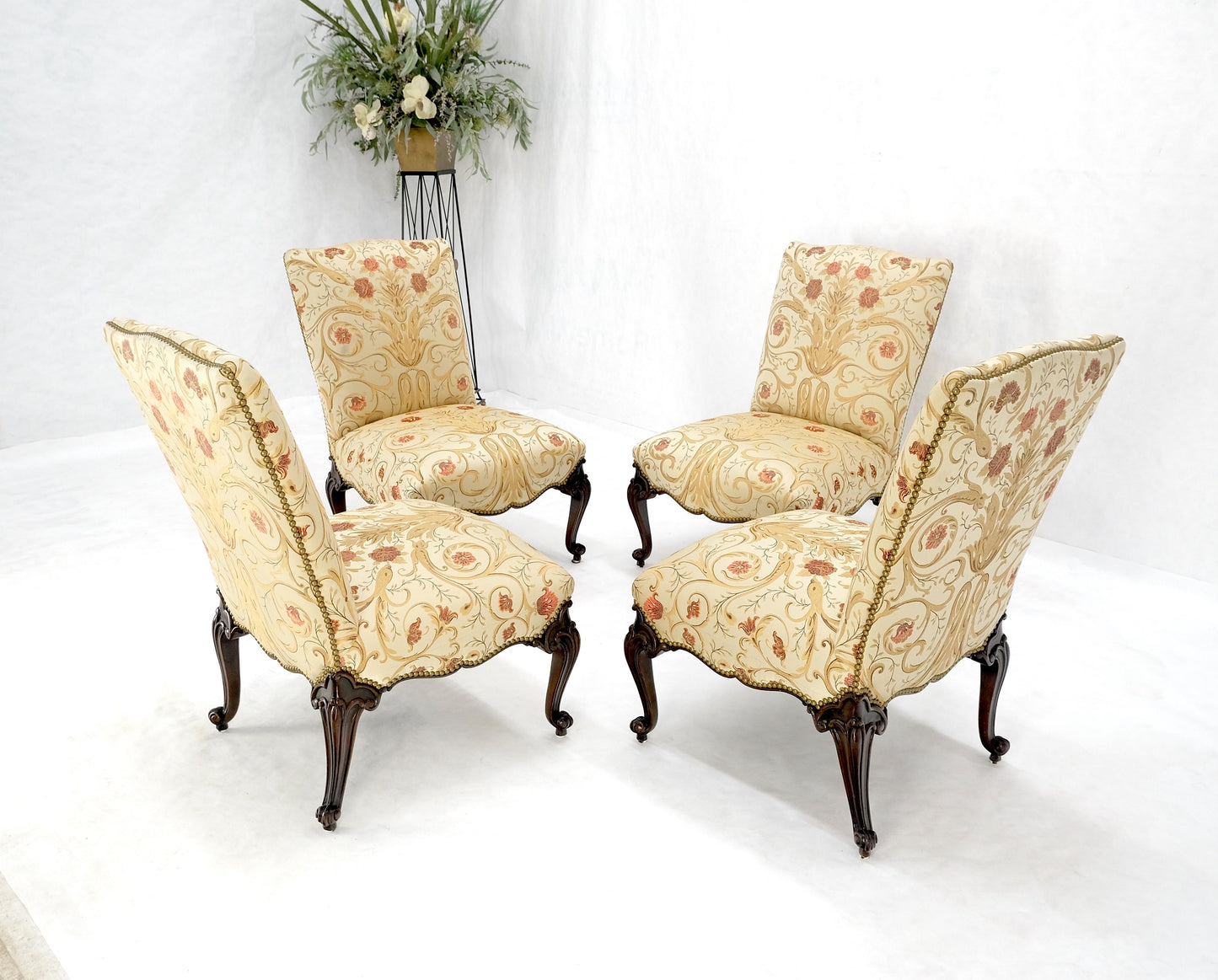 Set 4 Floral Gold & Red Upholstery Fine Carved Legs Slipper Lounge Chairs MINT!