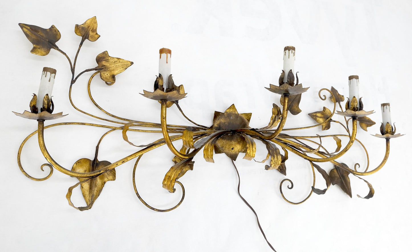 Gilt Metal Grape Leaf 5 Candles Style Decorative Sconce Wall Light Fixture Italy