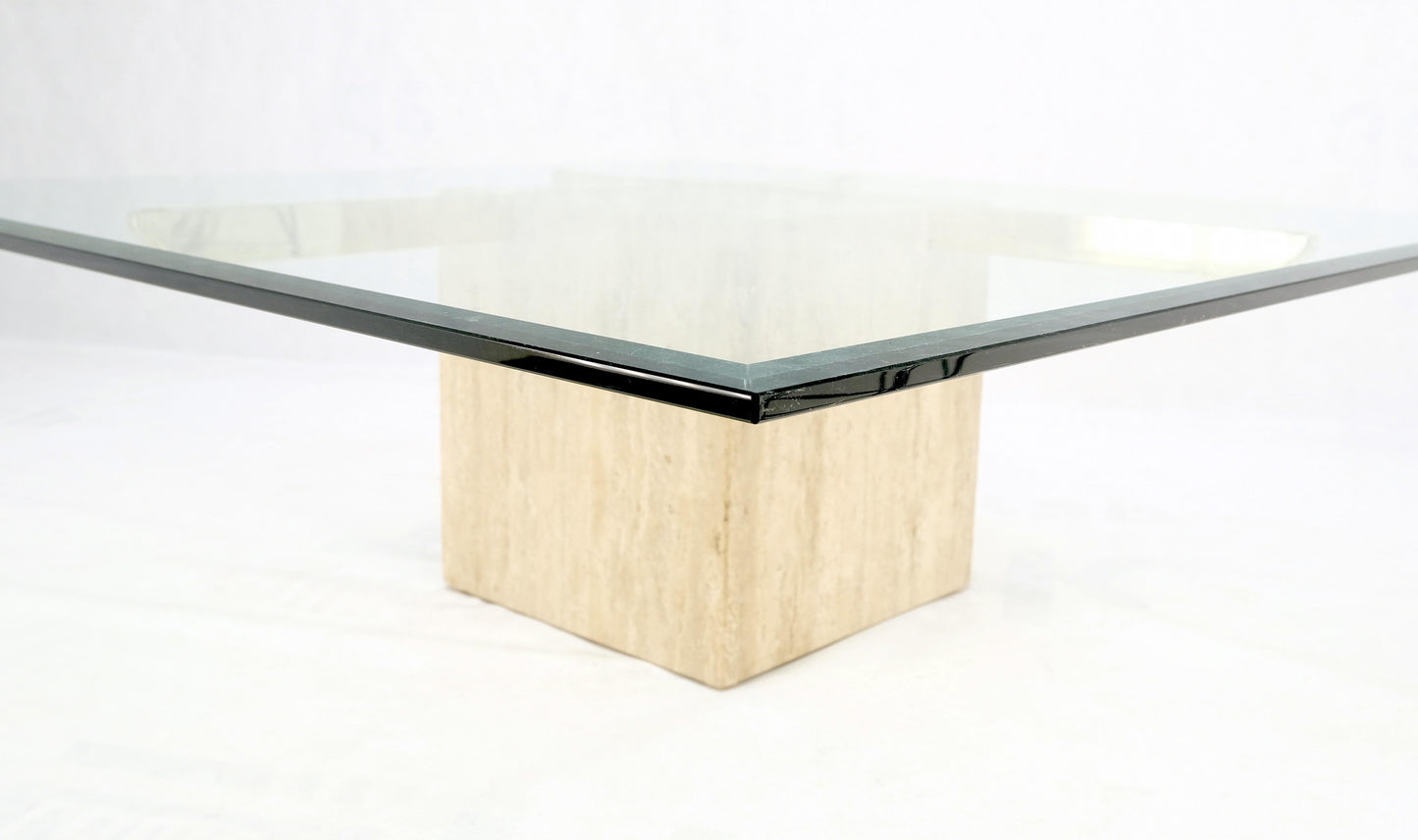 Brass Travertine Base Glass Top Square Mid-Century Modern Coffee Center Table