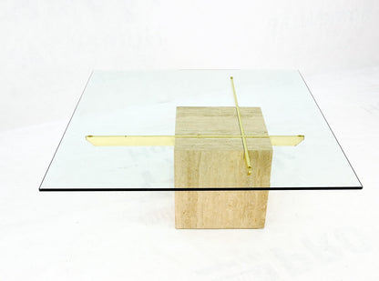 Brass Travertine Base Glass Top Square Mid-Century Modern Coffee Center Table