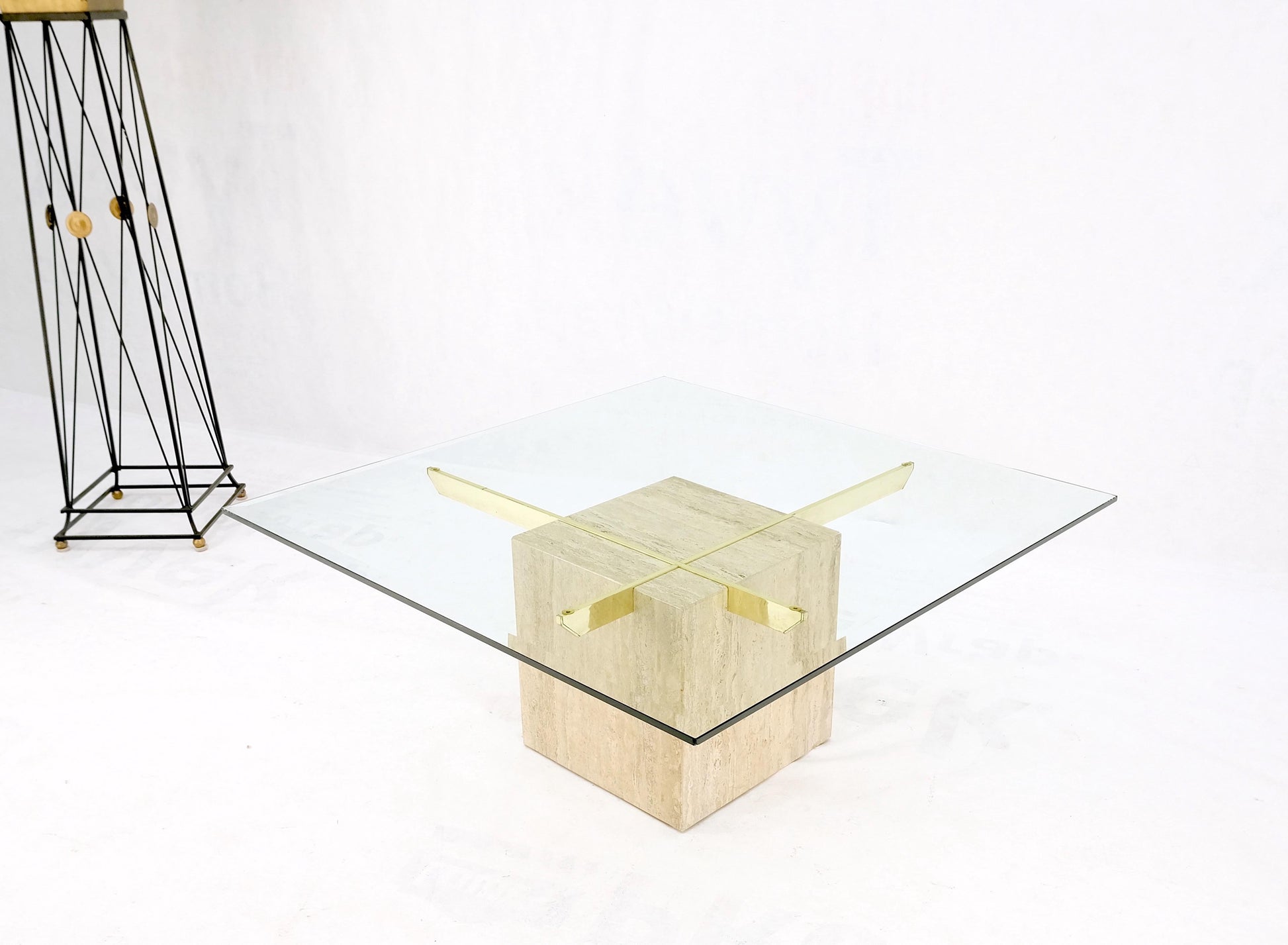 Brass Travertine Base Glass Top Square Mid-Century Modern Coffee Center Table