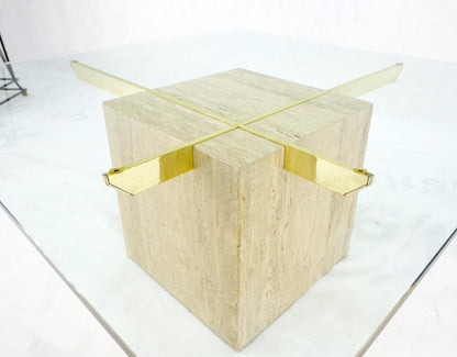 Brass Travertine Base Glass Top Square Mid-Century Modern Coffee Center Table